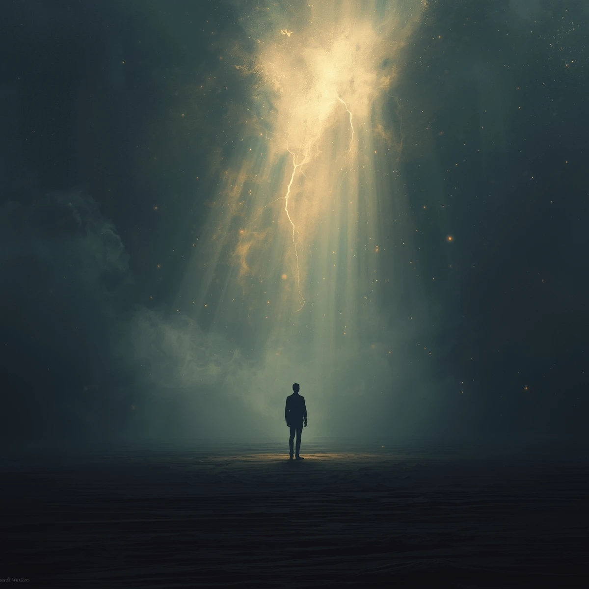 Lucid Origin. A cinematic poetic vision of reincarnation, a man standing